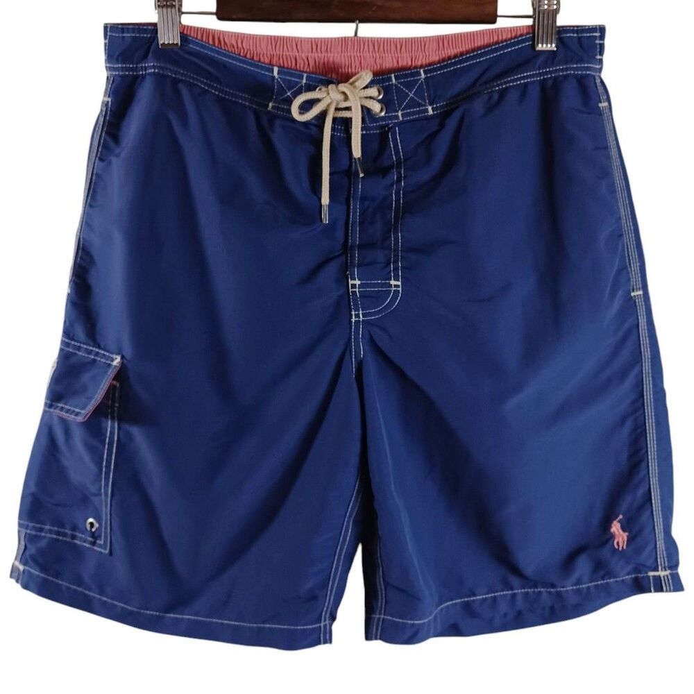 Polo Ralph Lauren Sz M Blue Cargo Swim Trunks Pink Pony Logo Casual Pool Shorts
